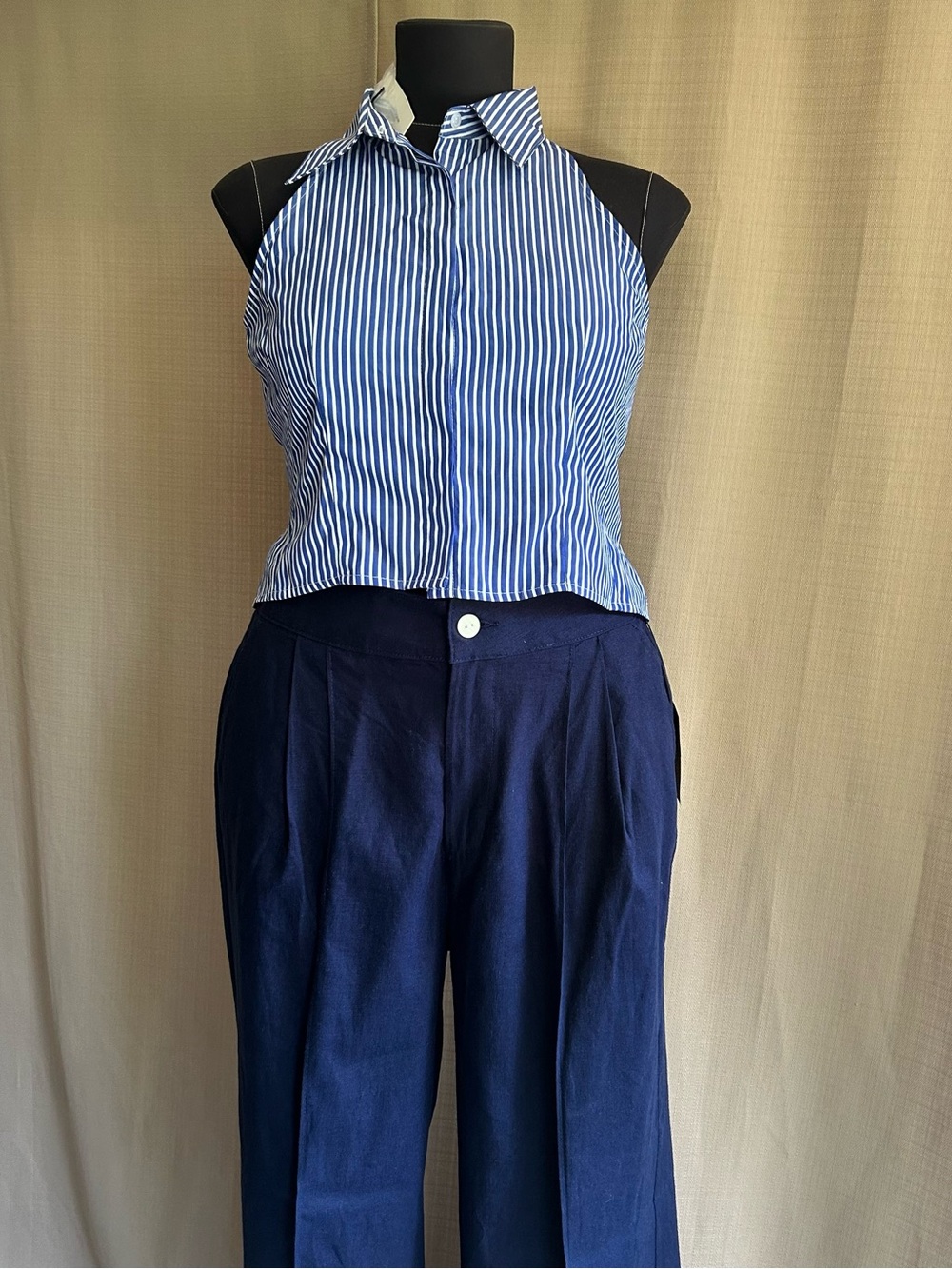 Striped Tie-Waist Crop Top blue and white